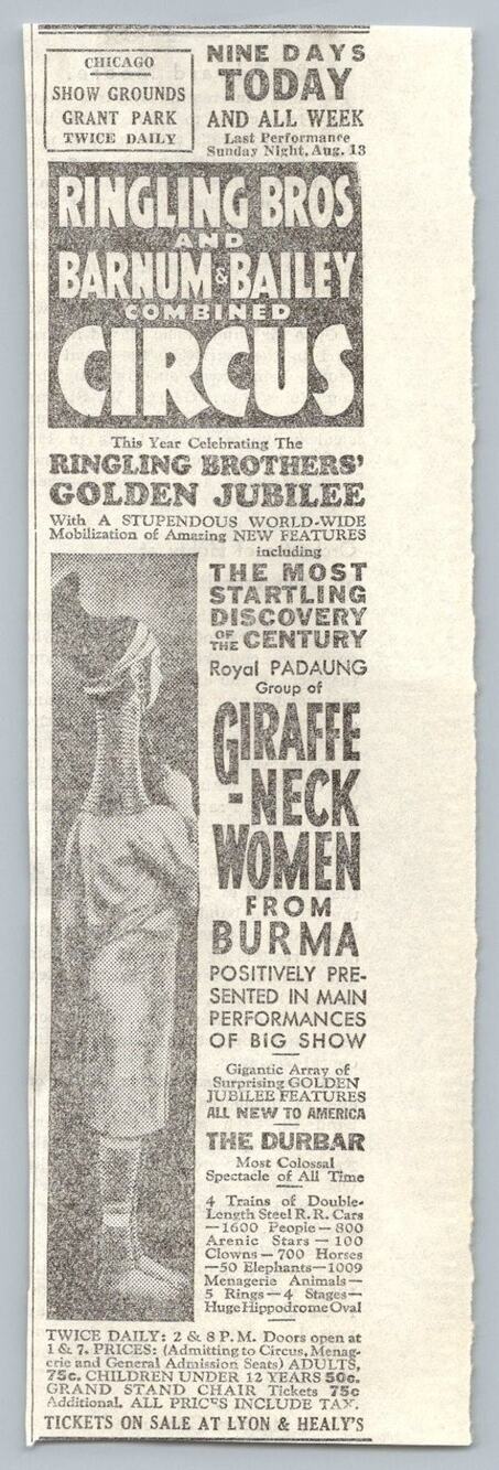 1933 Ringling Bros Barnum & Bailey Circus Chicago Giraffe Neck Women Ad